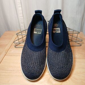 FitFlop Uberknit Women's Sz 7 Slip-on Stretch Ballet Flats Navy Blue Metallic